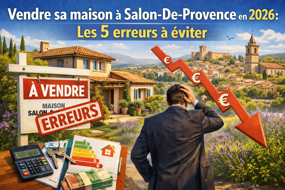 Illustration représentant une maison à vendre à Salon-de-Provence avec un panneau immobilier et l’environnement provençal caractéristique de la ville