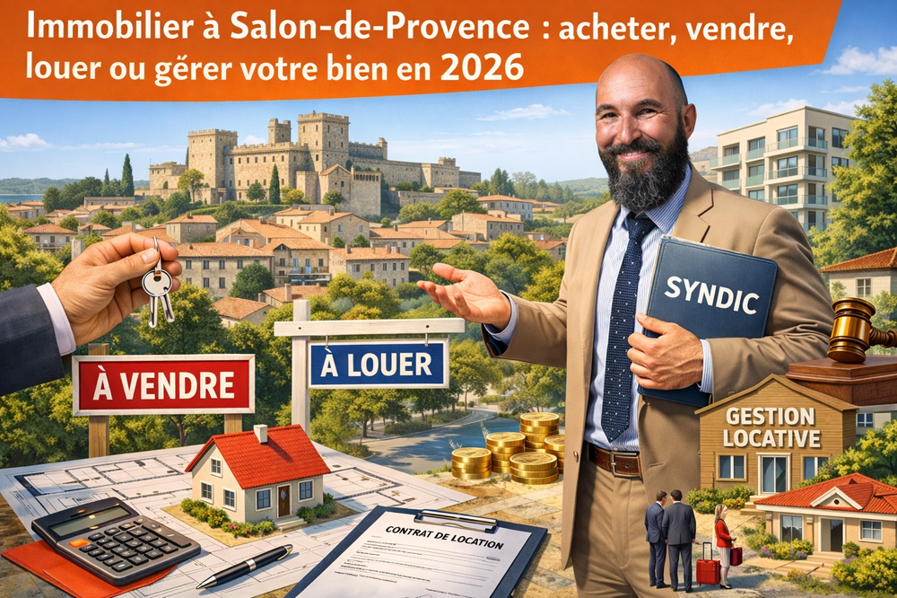 Illustration d’un professionnel de l’immobilier à Istres présentant les services complets : achat, vente, location, gestion locative et syndic de copropriété. Un accompagnement local pour sécuriser et réussir tous vos projets immobiliers à Salon de Provence.