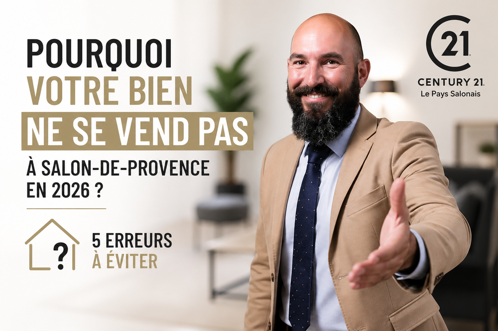 Illustration immobilière à Salon-de-Provence montrant les raisons pour lesquelles un bien ne se vend pas en 2026. Un expert Century 21 Le Pays Salonais accompagne les vendeurs pour ajuster leur prix, améliorer la visibilité et trouver des acquéreurs qualifiés afin de vendre plus rapidement et au meilleur prix.