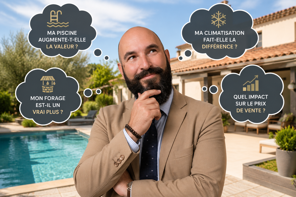 Illustration représentant Arnaud Corvaja, directeur de Century 21 Le Pays Salonais, s’interrogeant sur l’influence d’une piscine, d’un forage ou d’une climatisation sur la valeur d’un bien immobilier à Salon-de-Provence. Une question fréquente lors des estimations immobilières pour les propriétaires souhaitant vendre leur maison au meilleur prix.