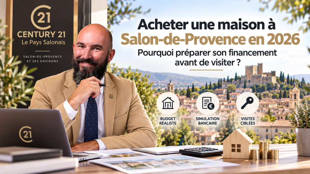 Illustration de l'article consacré à l'achat immobilier à Salon-de-Provence en 2026. Arnaud Corvaja, directeur de CENTURY 21 Le Pays Salonais, présente les étapes essentielles pour préparer son financement immobilier, réaliser une simulation bancaire et organiser des visites ciblées à Salon-de-Provence et dans les communes voisines.